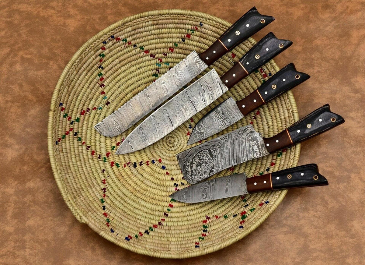 Custom Handmade Damascus Steel 5Pc Knife Set | Forged Chef Knives with Leather Case