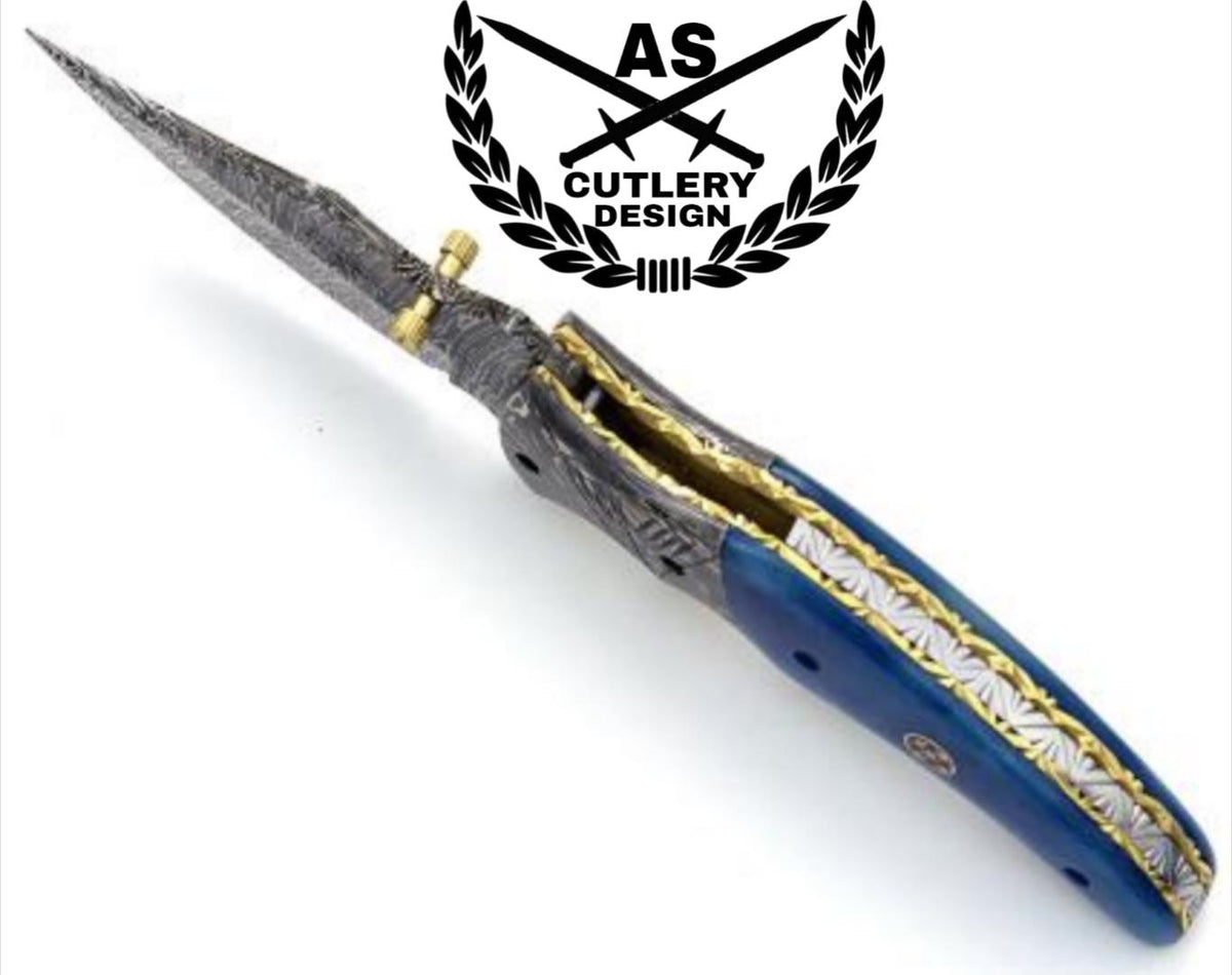 Custom handmade damascus pocket knife with bone handle