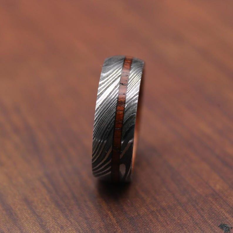 Damascus Steel & Pakkawood Ring: Handmade Wood Inlay Wedding Band