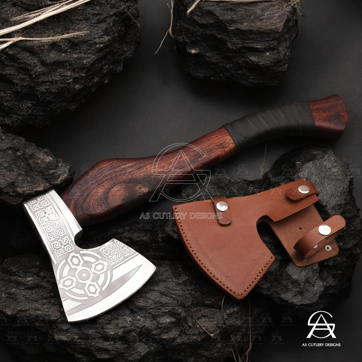 Hand-Forged Viking Axe | 17.5" High Carbon Steel | Rosewood Handle with Leather Sheath