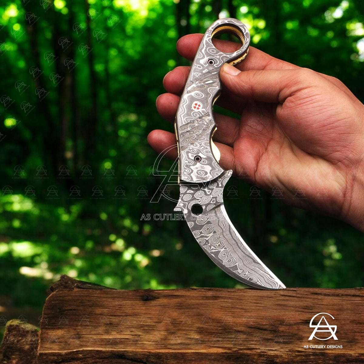 Hand-Forged Damascus Steel Karambit Folding Knife | Mosaic Pin, Leather Sheath