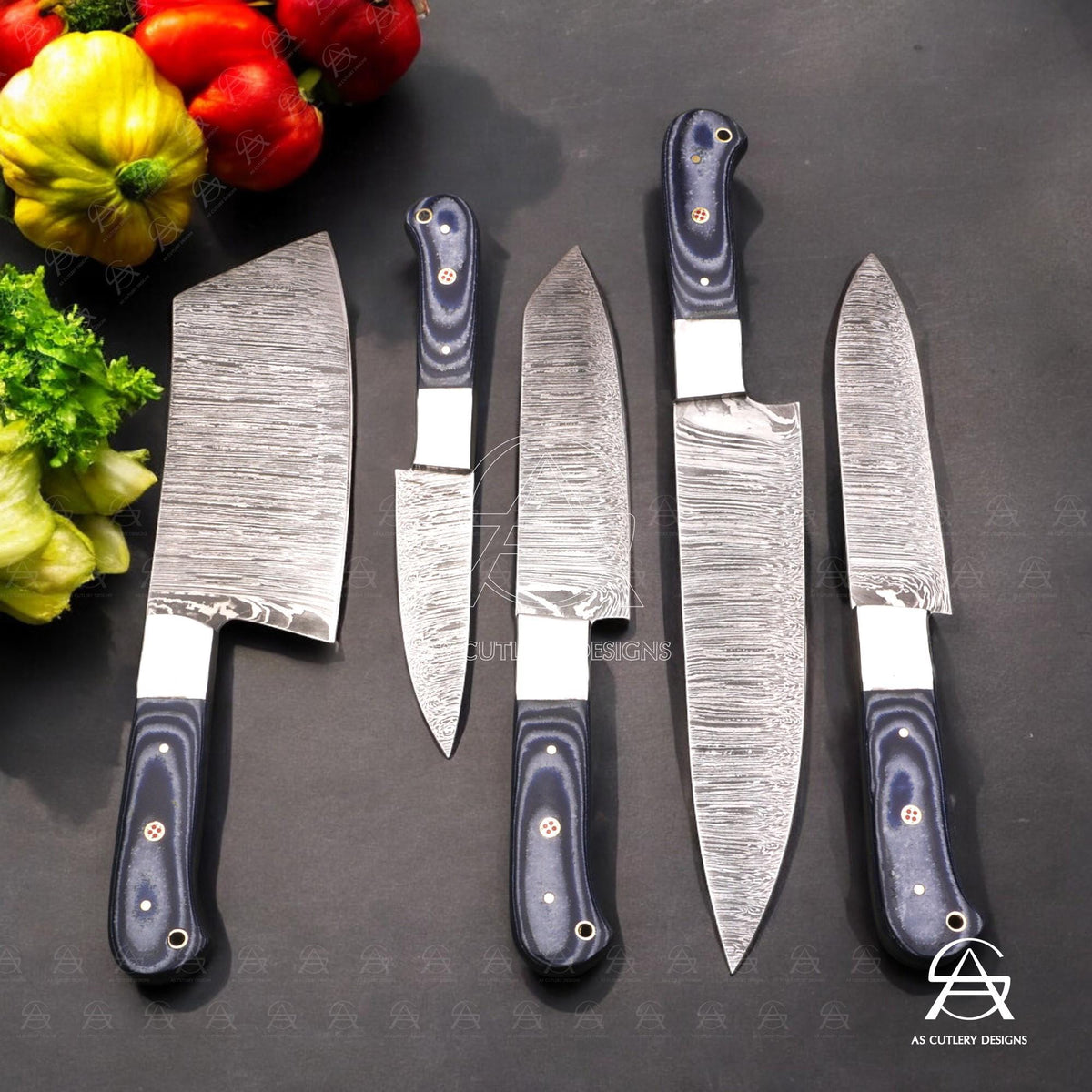 Hand-Forged Damascus Steel Chef Knife Set | G10 Micarta Handle, Leather Sheath