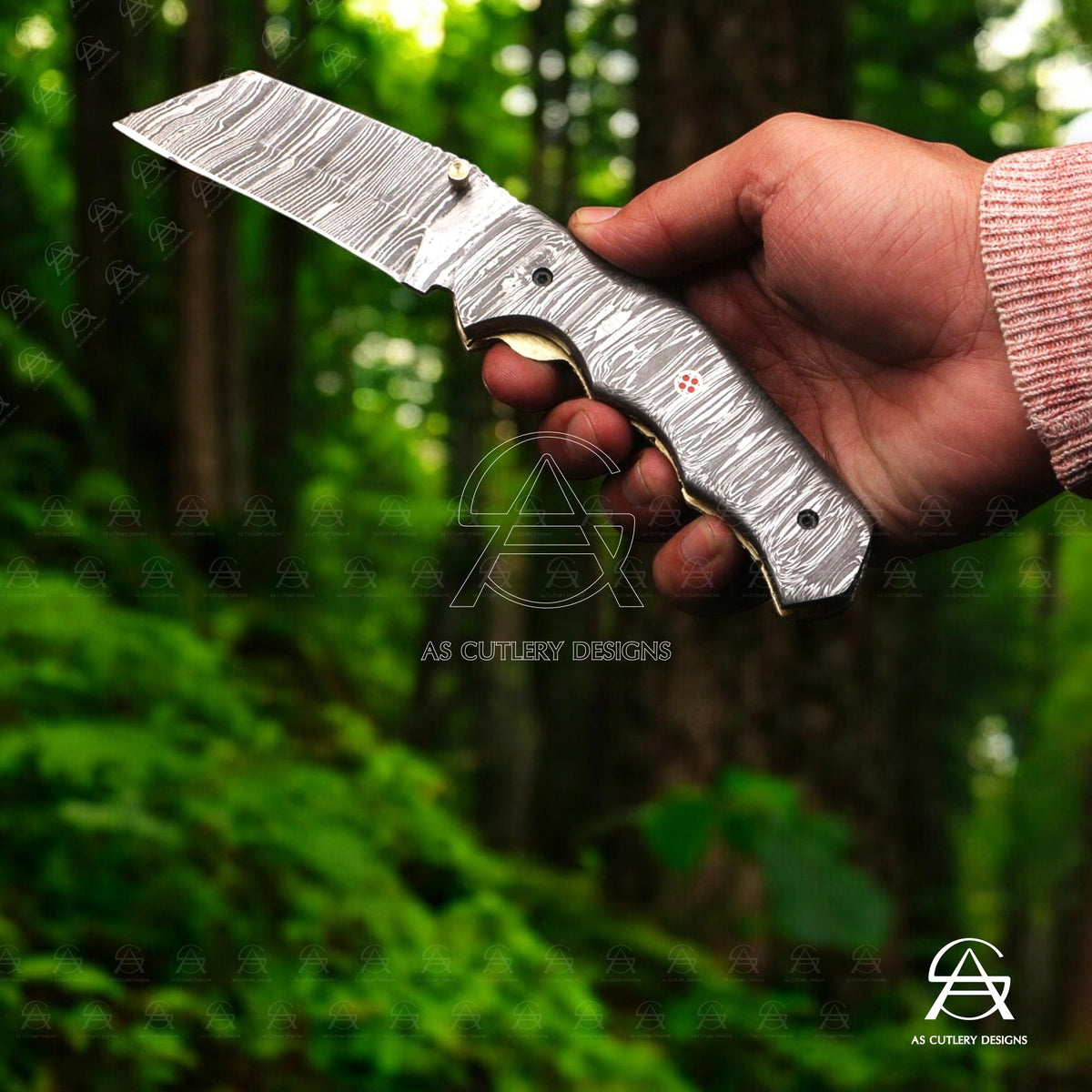 Hand-Forged Damascus Steel Folding Knife | Mosaic Pin, Leather Sheath