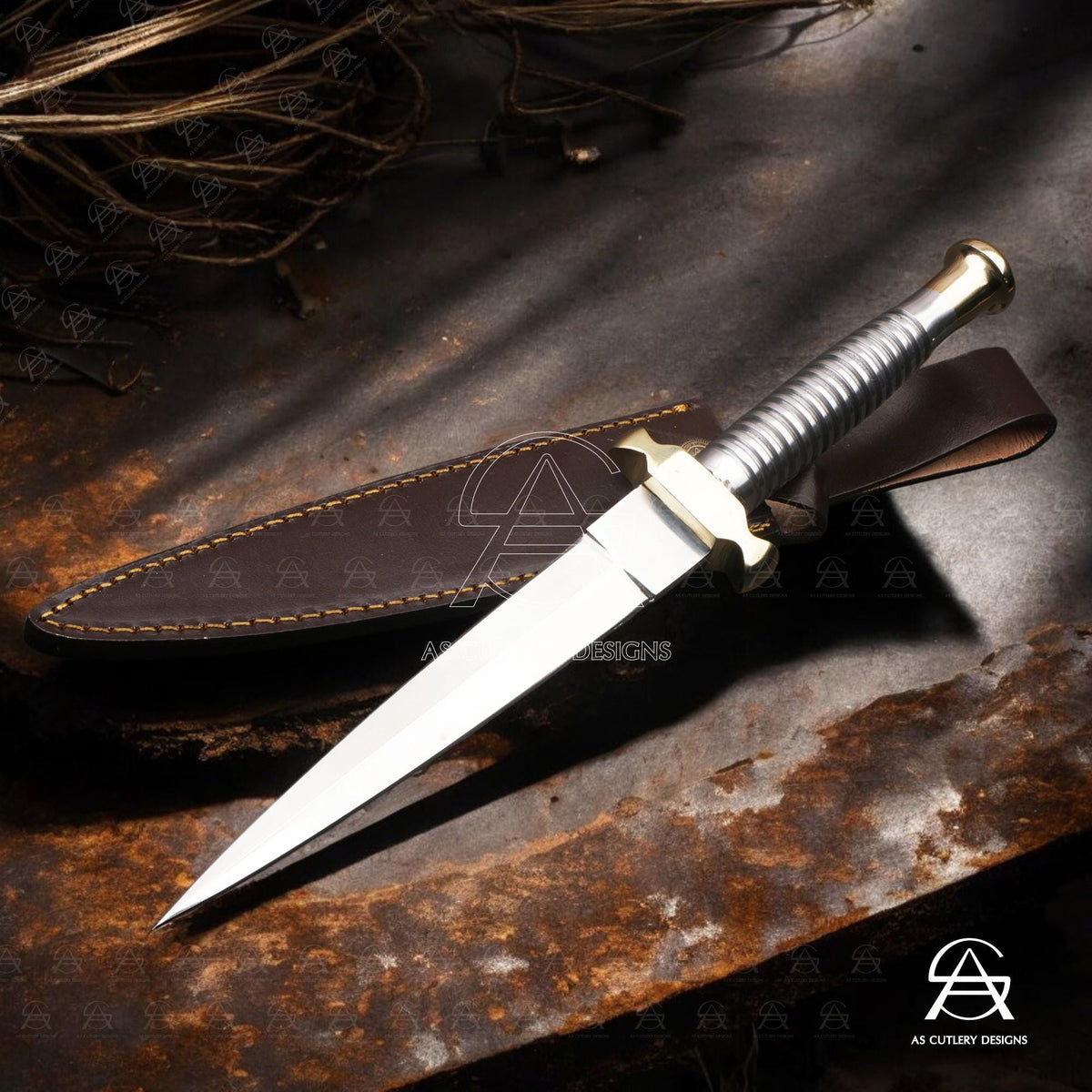Hand-Forged D2 Steel Needle Dagger Knife | Brass Guard & Pommel | Stainless Steel Handle | Leather sheath