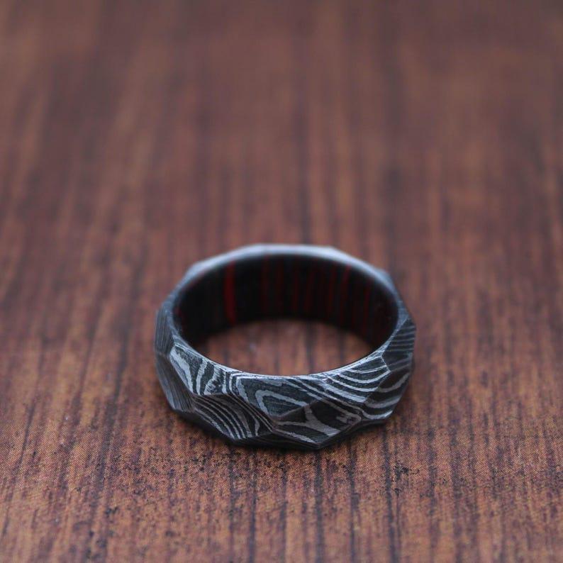 Damascus Whiskey Barrel Hammered Ring, Mens Damascus Steel Wood Wedding Band