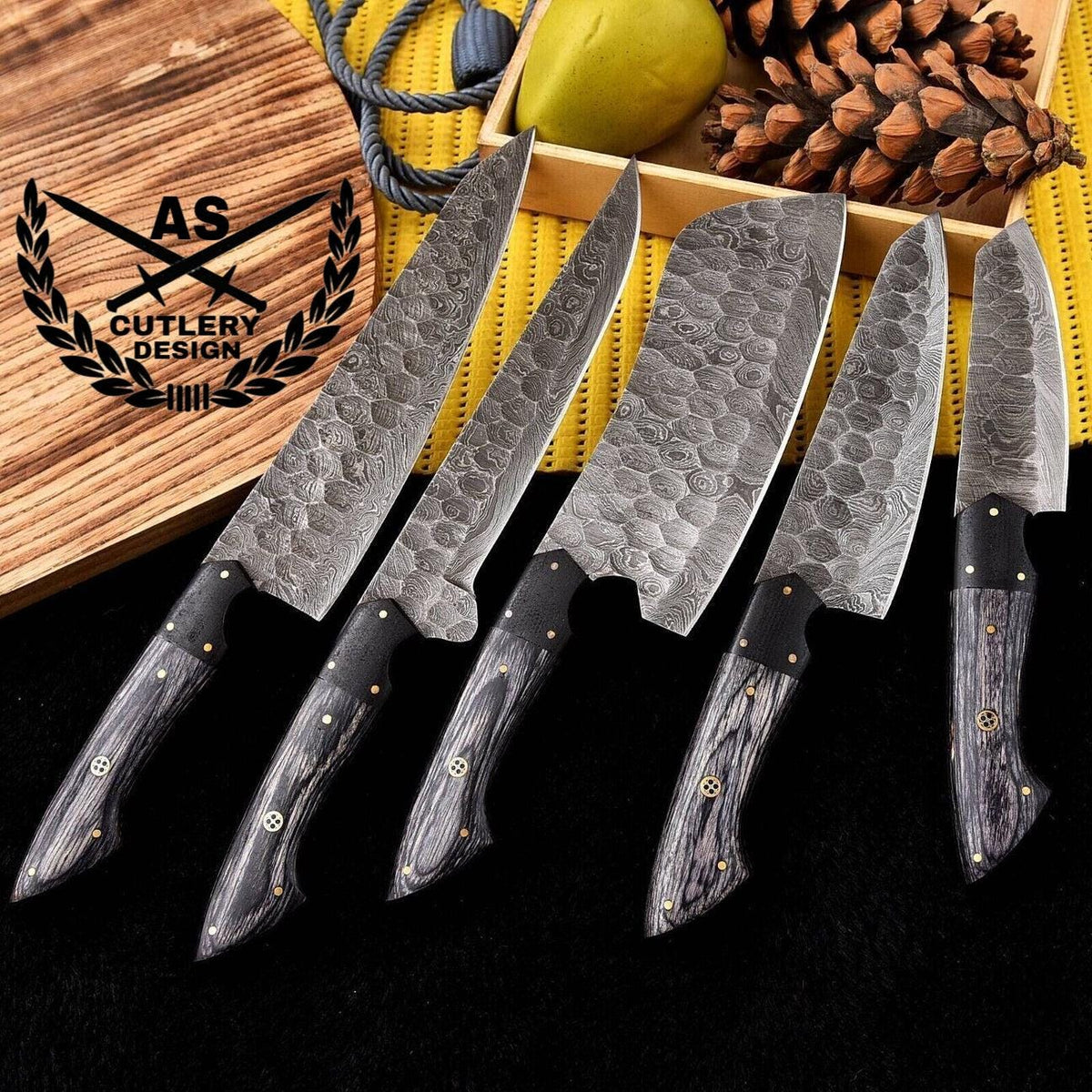 Custom Handmade Damascus Knife Set with Leather Roll bag