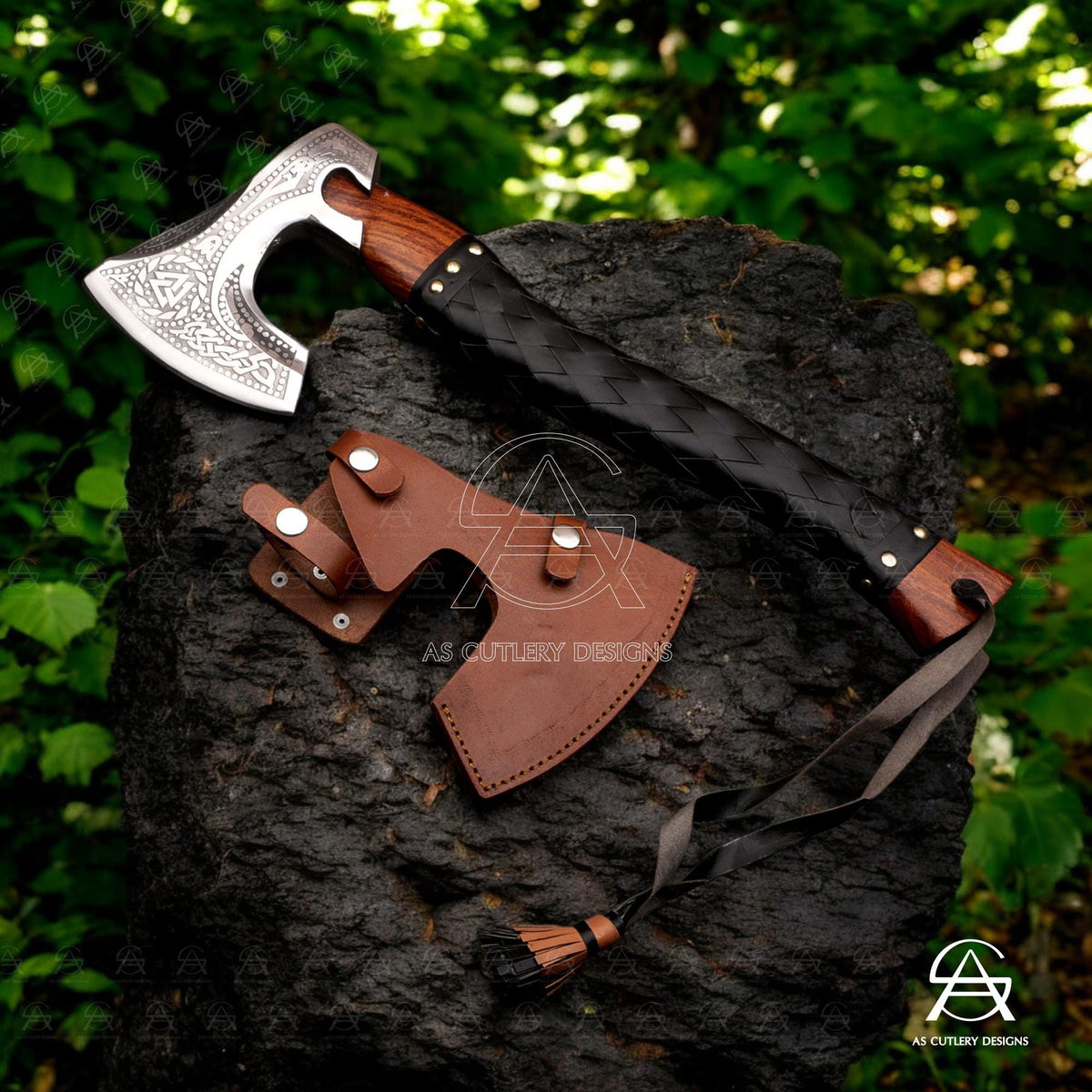 Hand-Forged Viking Axe | 17.5" High Carbon Steel Head | Rosewood Handle with Leather Sheath