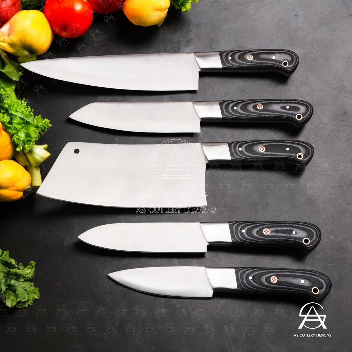 Hand-Forged Chef Knife Set | J2 Steel, G10 Micarta Handles, Leather Sheath