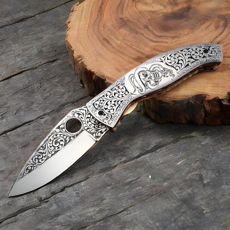 Custom Handmade Stainless Steel Folding Pocket Knife Full Engraved With skull