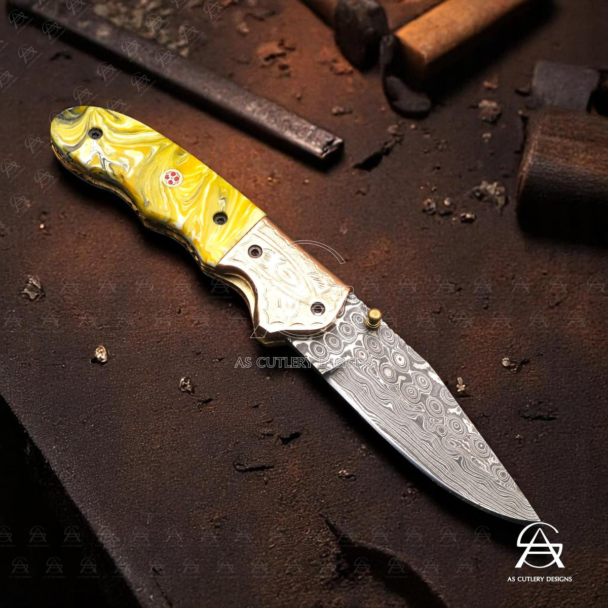 Hand-Forged Damascus Steel Folding Knife | Resin Handle, Leather Sheath