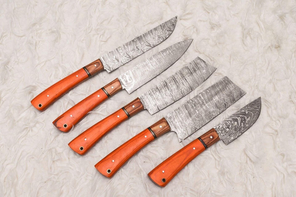 5 Pcs Custom Handmade Damascus Steel Chef Knife Set | Wood Handle | Professional Kitchen Knives