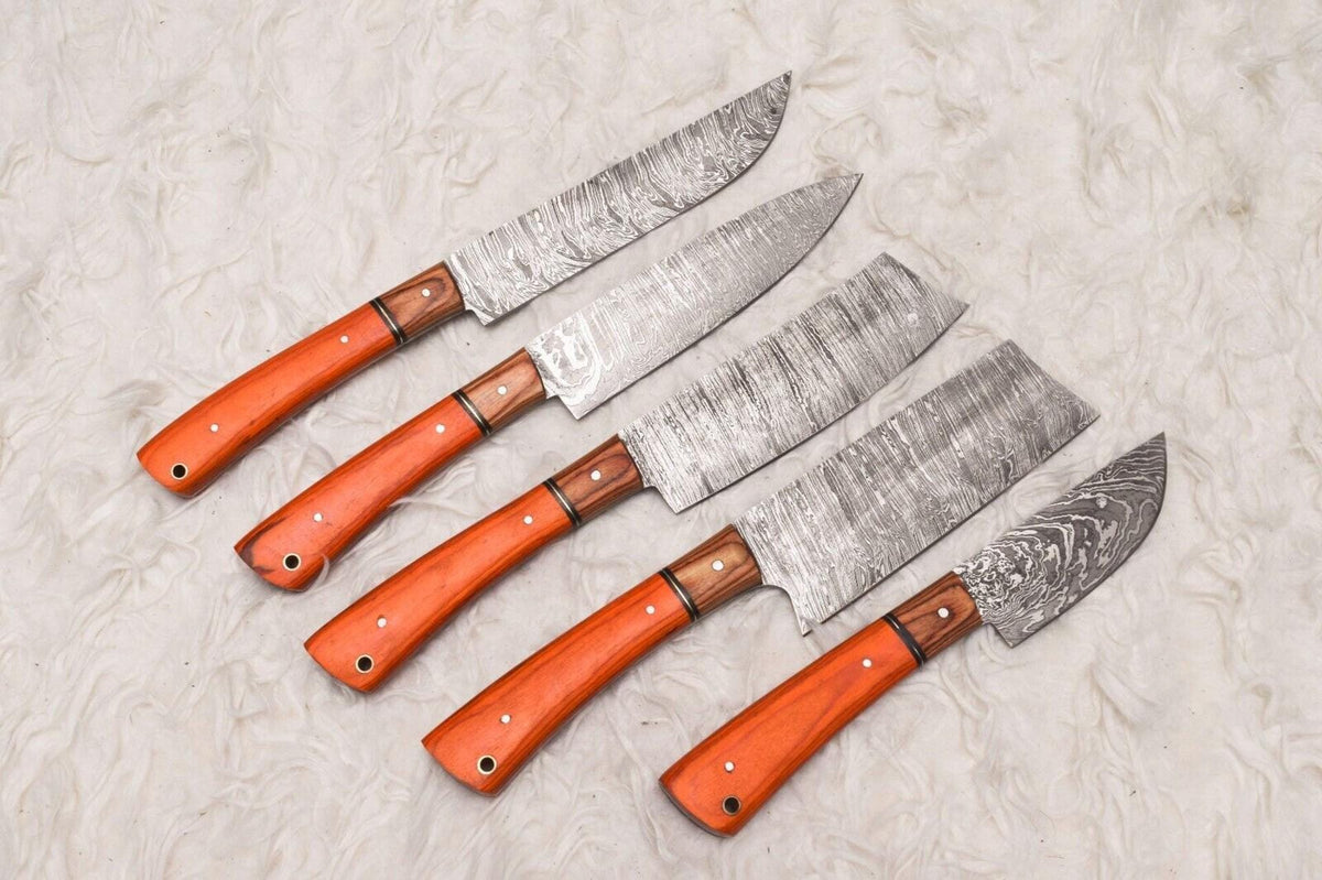 5 Pcs Custom Handmade Damascus Steel Chef Knife Set | Wood Handle | Professional Kitchen Knives