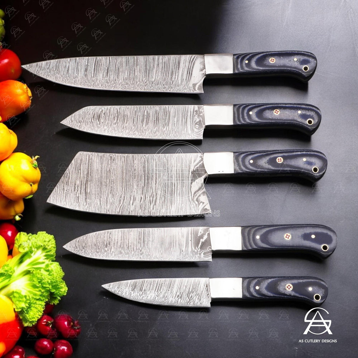 Hand-Forged Damascus Steel Chef Knife Set | G10 Micarta Handle, Leather Sheath