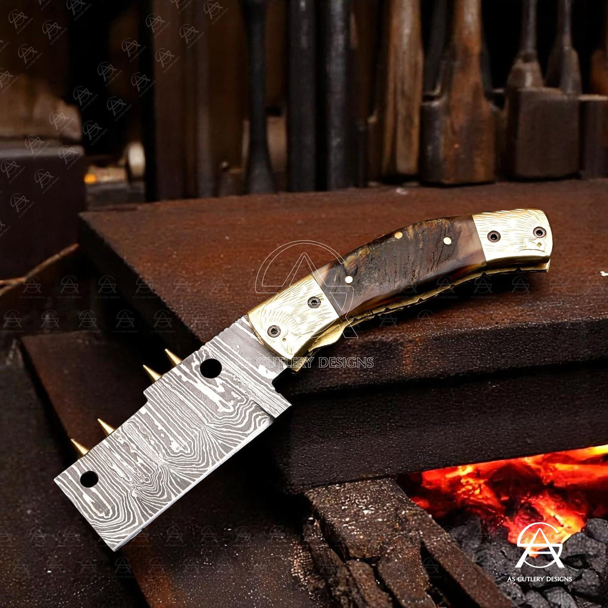 Hand-Forged Damascus Steel Folding Knife | Brass Bolster & Pommel with Hand Engravings | Lamb Horn Handle