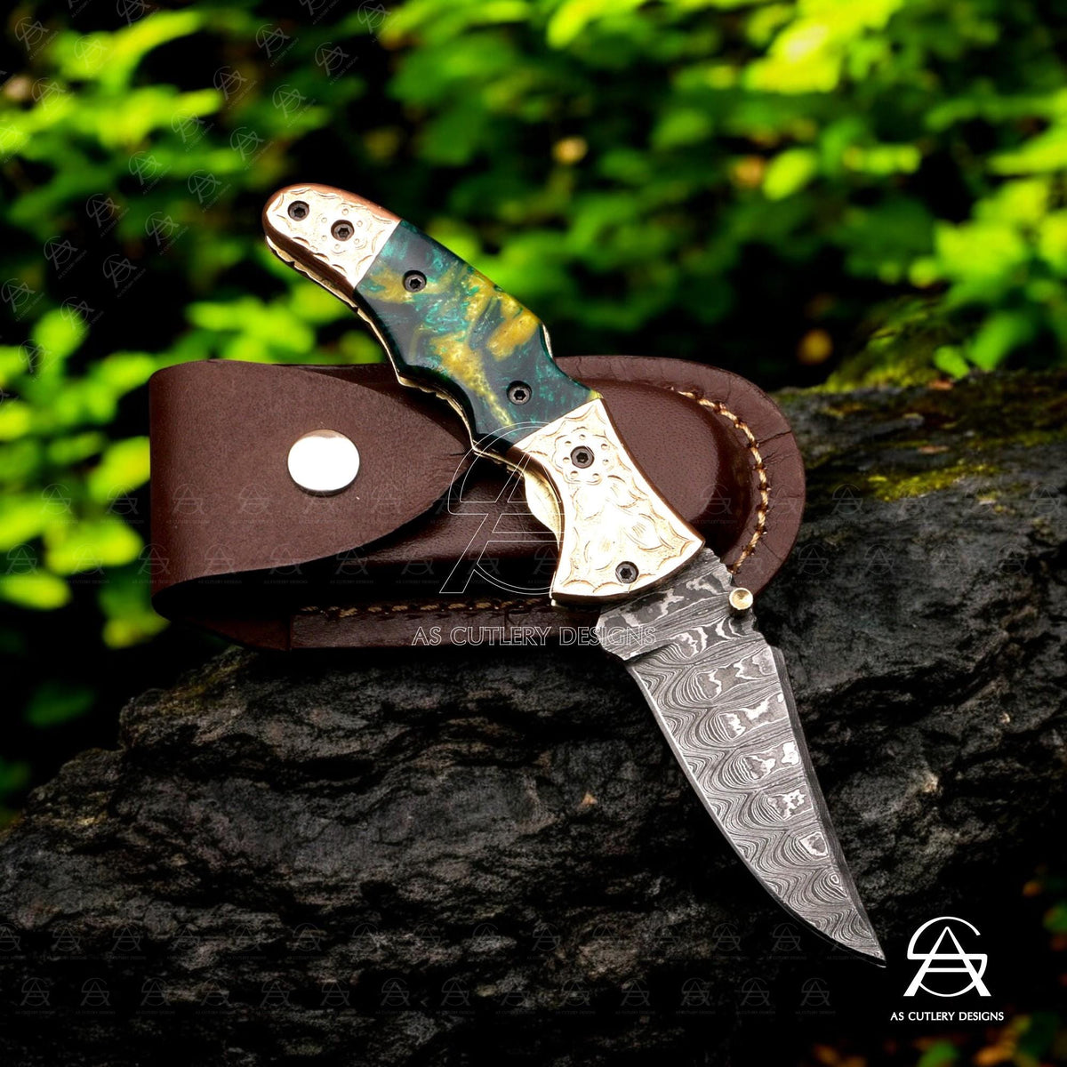 Hand Forged Damascus Steel Folding Knife  Epoxy Resin Handle with Hand-Engraved Copper Bolster Pommel