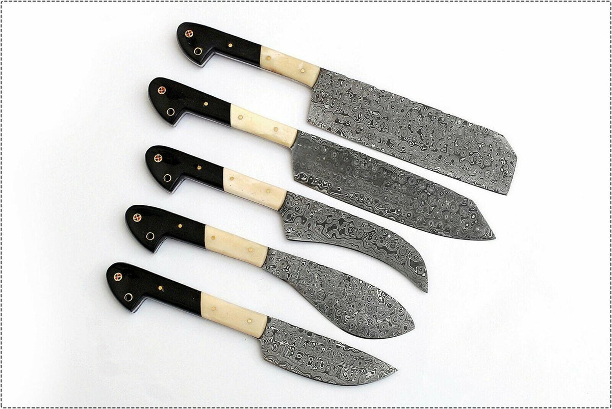 Custom Handmade Damascus Steel Chef Knife Set | Buffalo Bone & Horn Handle (5 pcs)