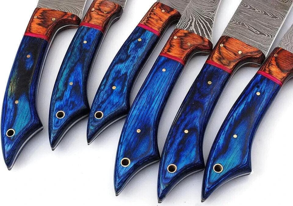 Custom handmade damascus kitchen knives set 6 piece roll