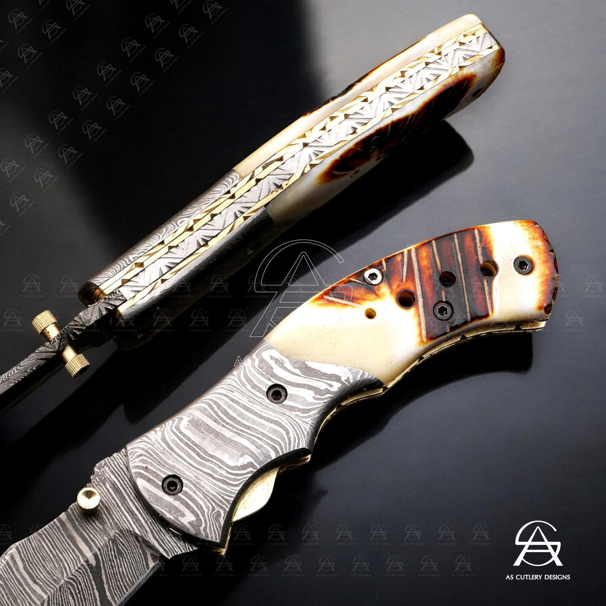 Hand Forged Damascus Steel Folding Knife, Camel Bone Handle, Leather Sheath