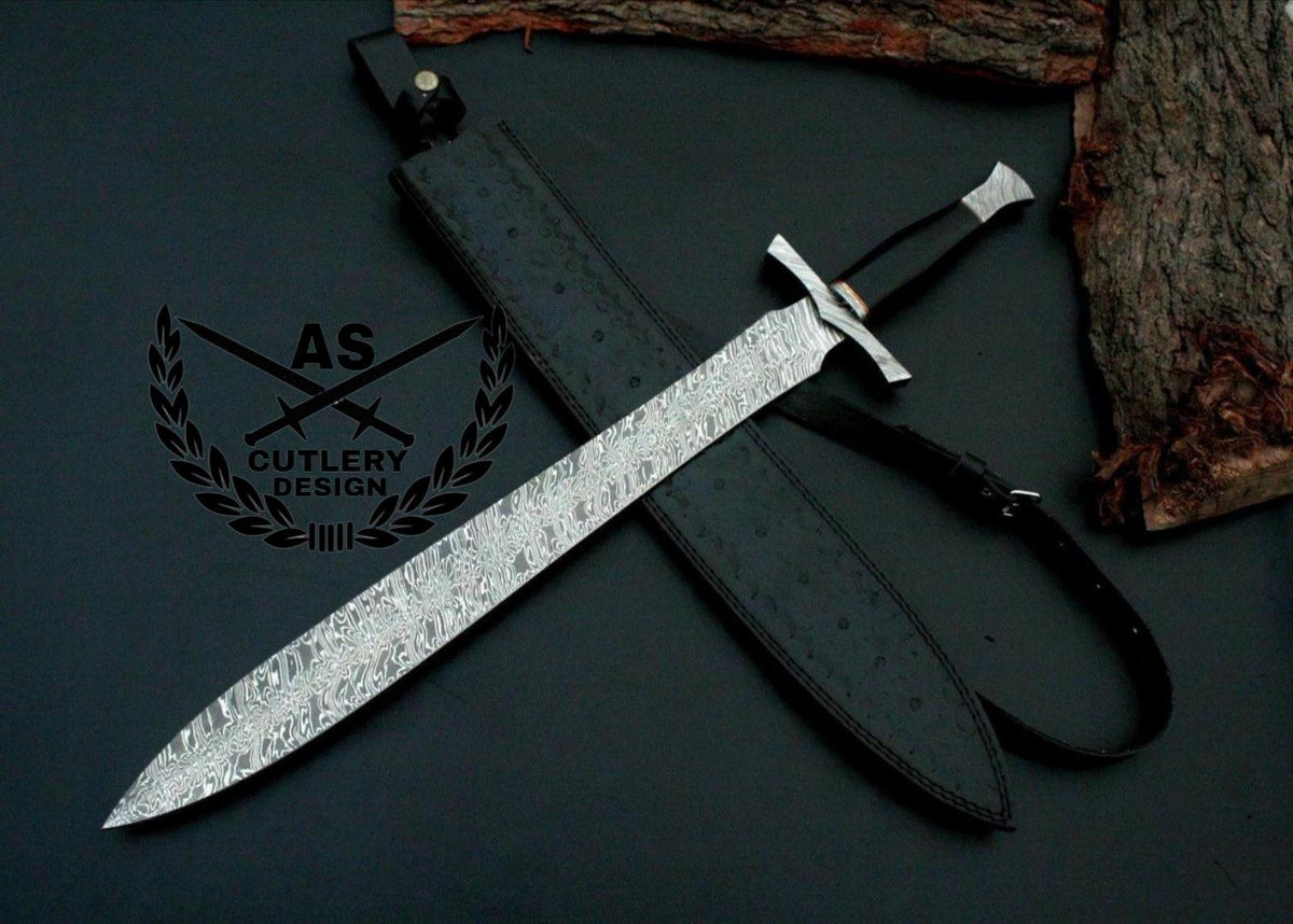 Custom handmade damascus sword steel 32”with leather sheath