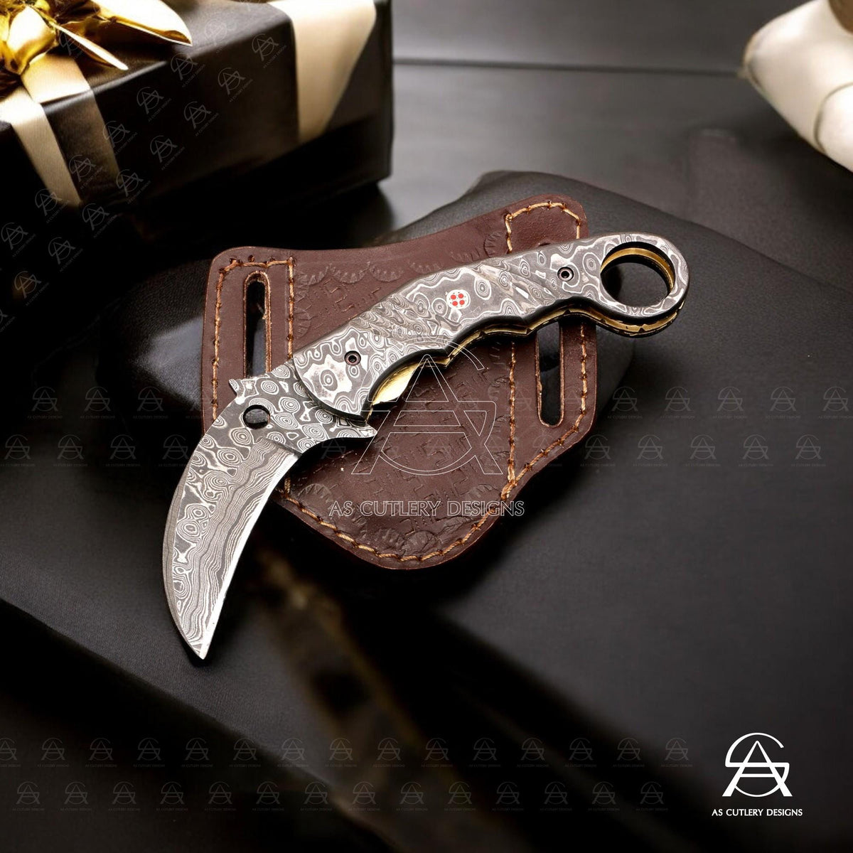 Hand-Forged Damascus Steel Karambit Folding Knife | Mosaic Pin, Leather Sheath