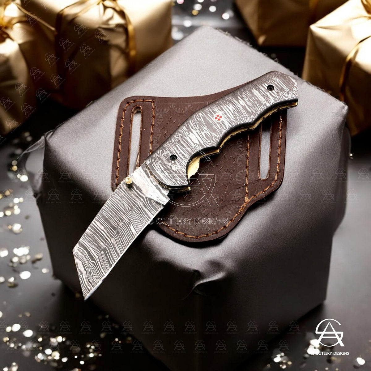 Hand-Forged Damascus Steel Folding Knife | Mosaic Pin, Leather Sheath