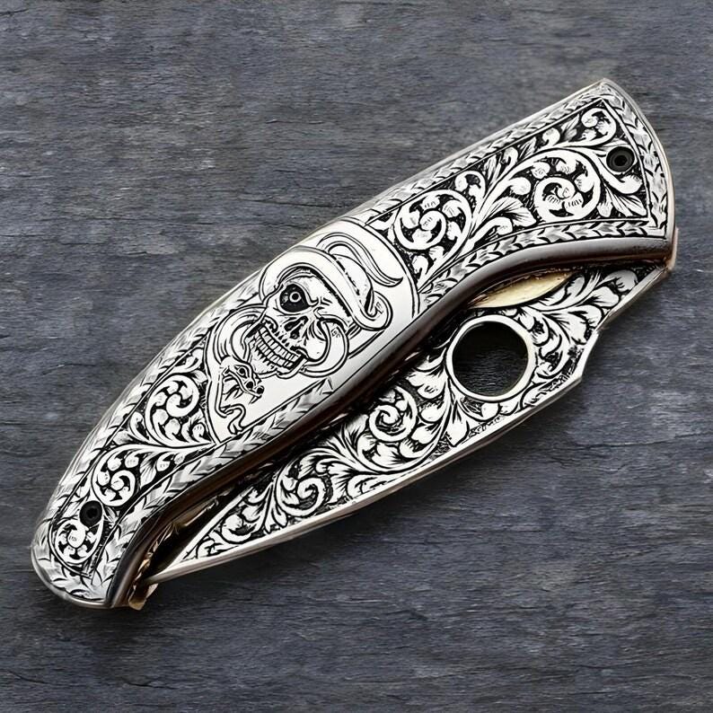 Custom Handmade Stainless Steel Folding Pocket Knife Full Engraved With skull
