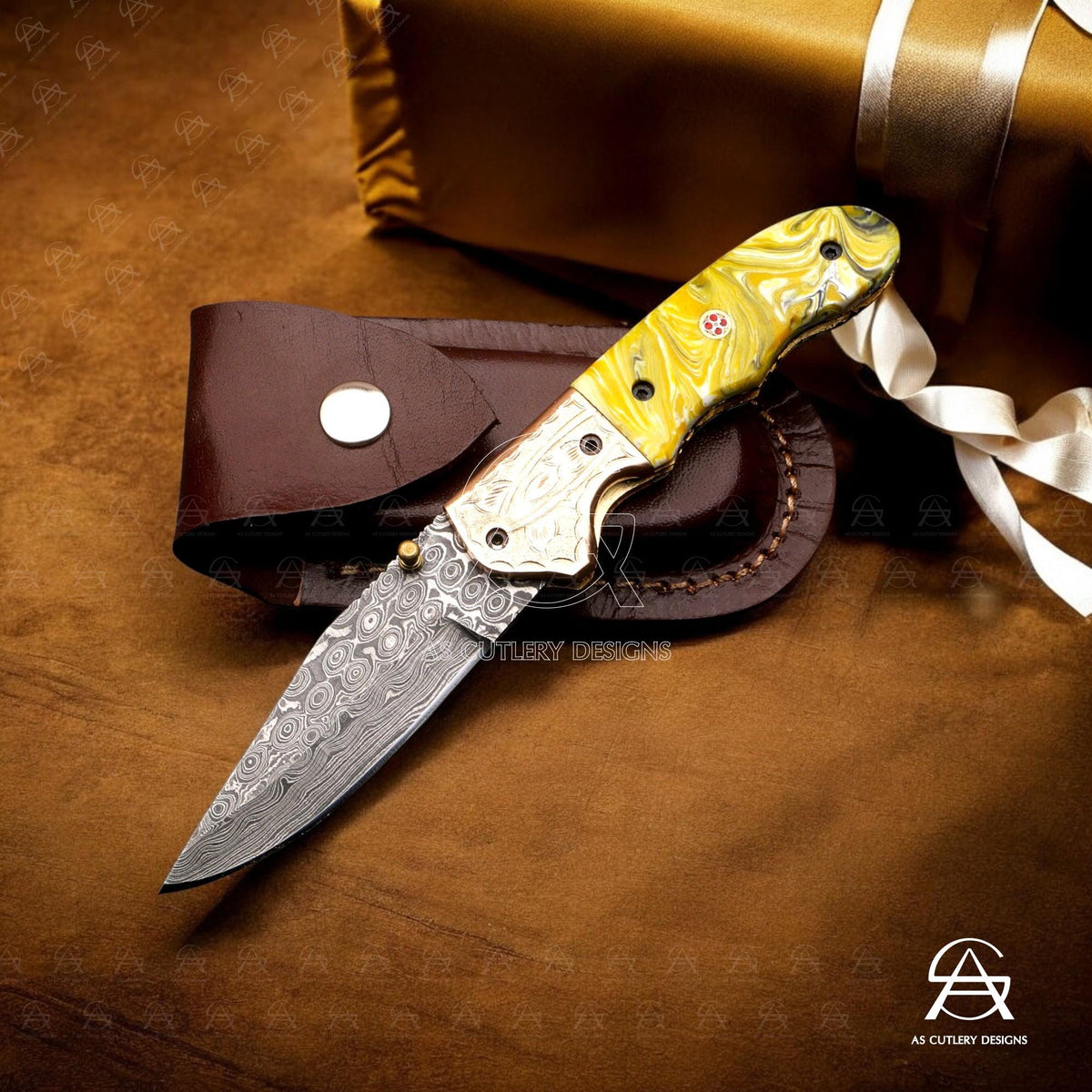 Hand-Forged Damascus Steel Folding Knife | Resin Handle, Leather Sheath