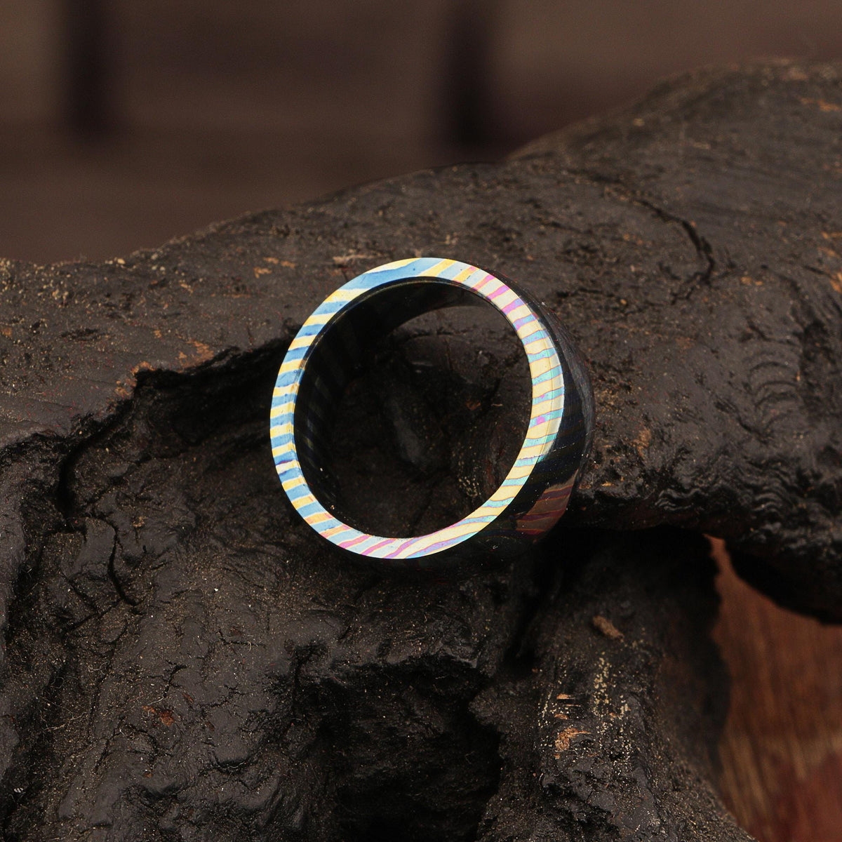 Customized Timascus Titanium Handmade Mens Engagement Ring Grooved Wedding Band