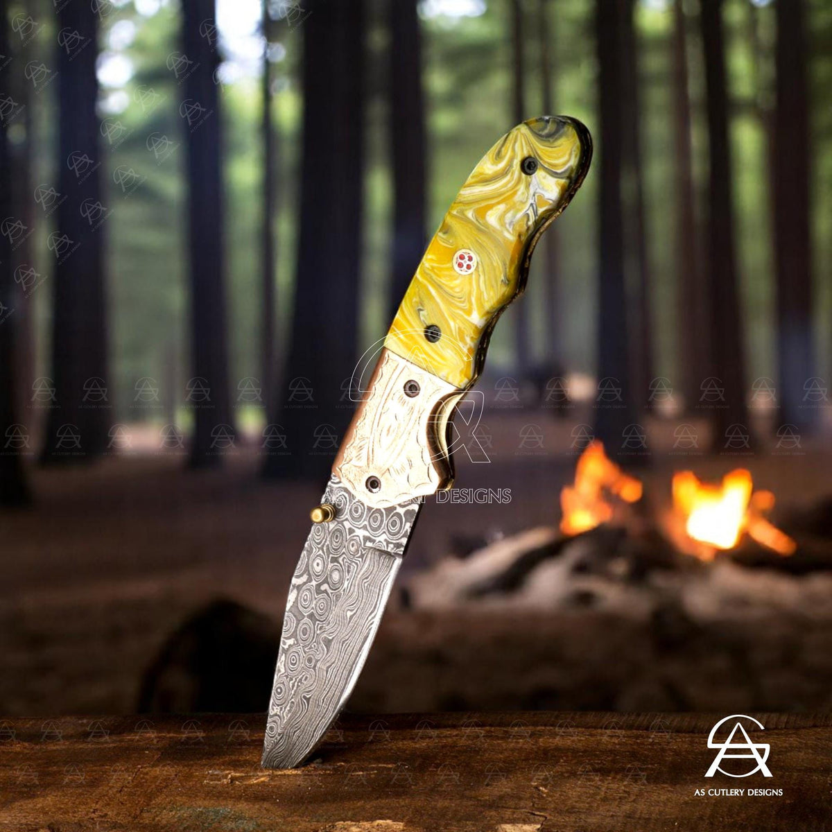 Hand-Forged Damascus Steel Folding Knife | Resin Handle, Leather Sheath