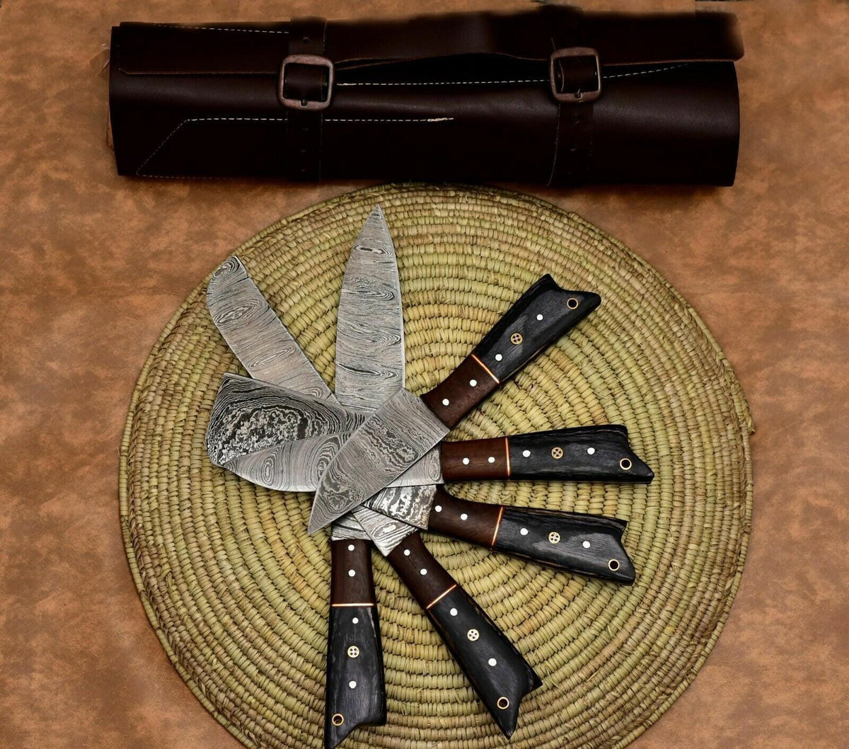 Custom Handmade Damascus Steel 5Pc Knife Set | Forged Chef Knives with Leather Case