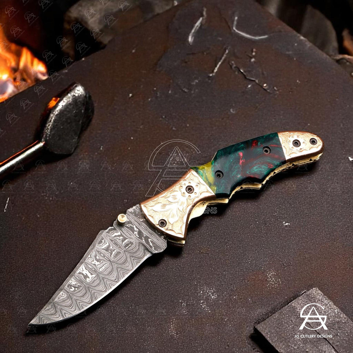 Hand Forged Damascus Steel Folding Knife  Epoxy Resin Handle with Hand-Engraved Copper Bolster Pommel