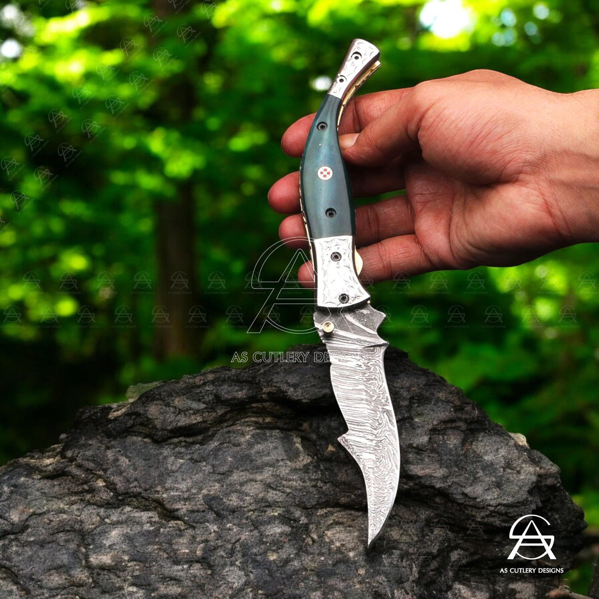 Hand-Forged Damascus Steel Folding Knife | Camel Bone Handle, Leather Sheath
