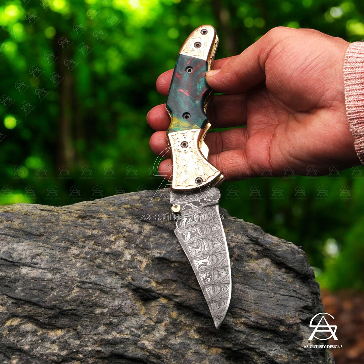 Hand Forged Damascus Steel Folding Knife  Epoxy Resin Handle with Hand-Engraved Copper Bolster Pommel