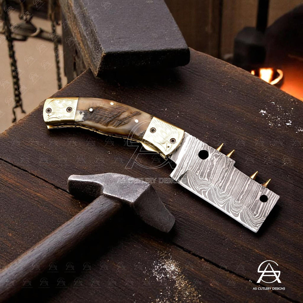 Hand-Forged Damascus Steel Folding Knife | Brass Bolster & Pommel with Hand Engravings | Lamb Horn Handle
