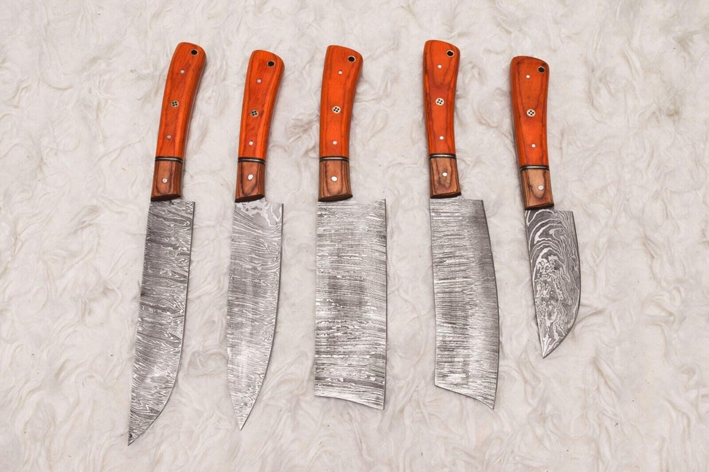 5 Pcs Custom Handmade Damascus Steel Chef Knife Set | Wood Handle | Professional Kitchen Knives