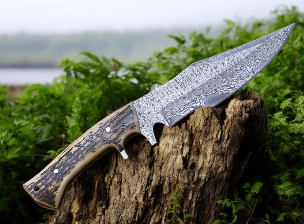 Hand-Forged Damascus Steel Hunting Knife | Stag Handle Bowie Knife | Leather Sheath | Handmade Fixed Blade Outdoor Knife 8.5”