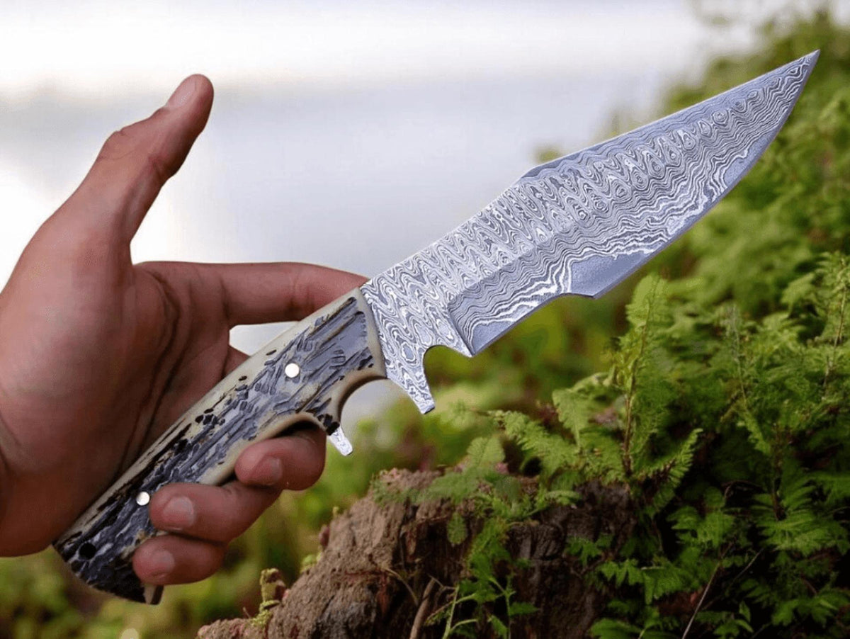 Hand-Forged Damascus Steel Hunting Knife | Stag Handle Bowie Knife | Leather Sheath | Handmade Fixed Blade Outdoor Knife 8.5”