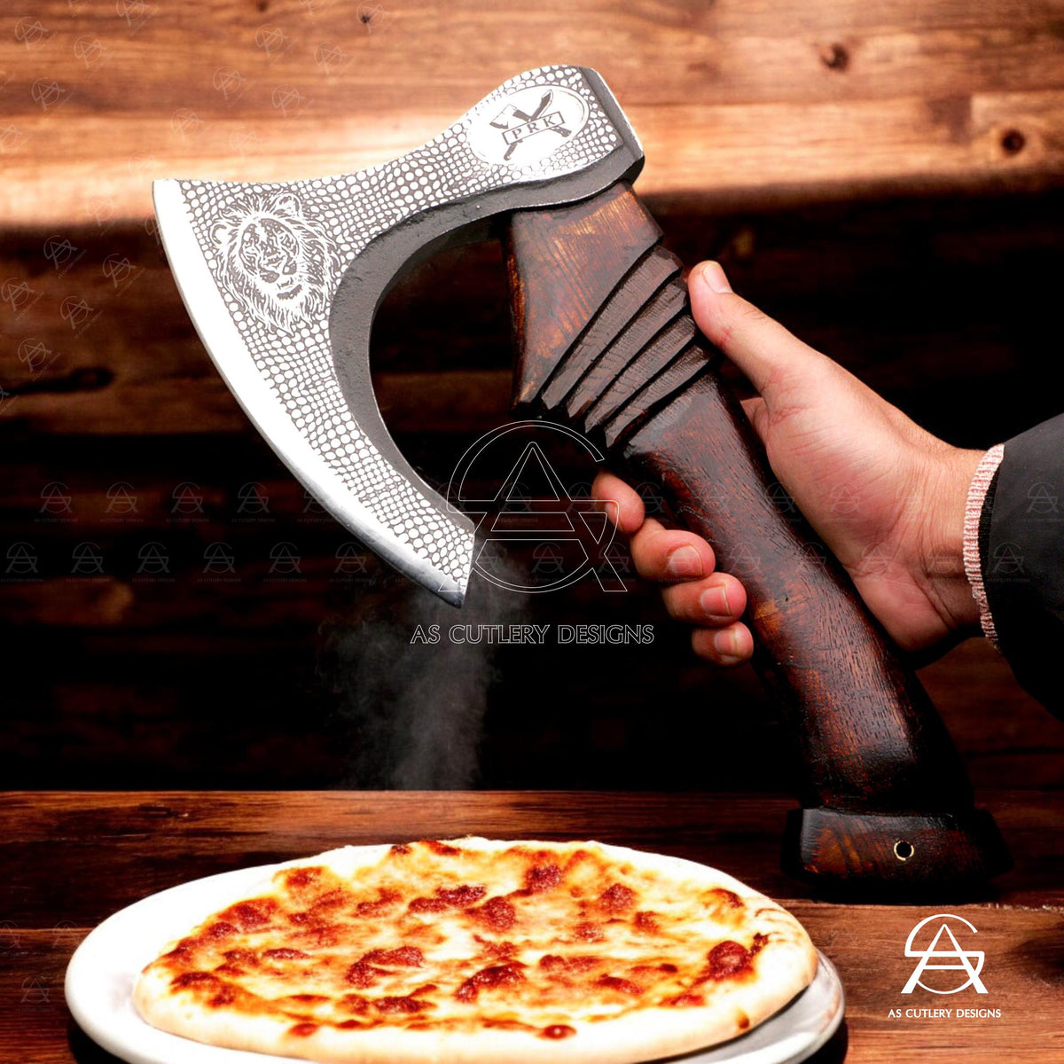 Hand-Forged Pizza Axe | 12" High Carbon Steel Blade | Carved Rosewood Handle with Leather Sheath