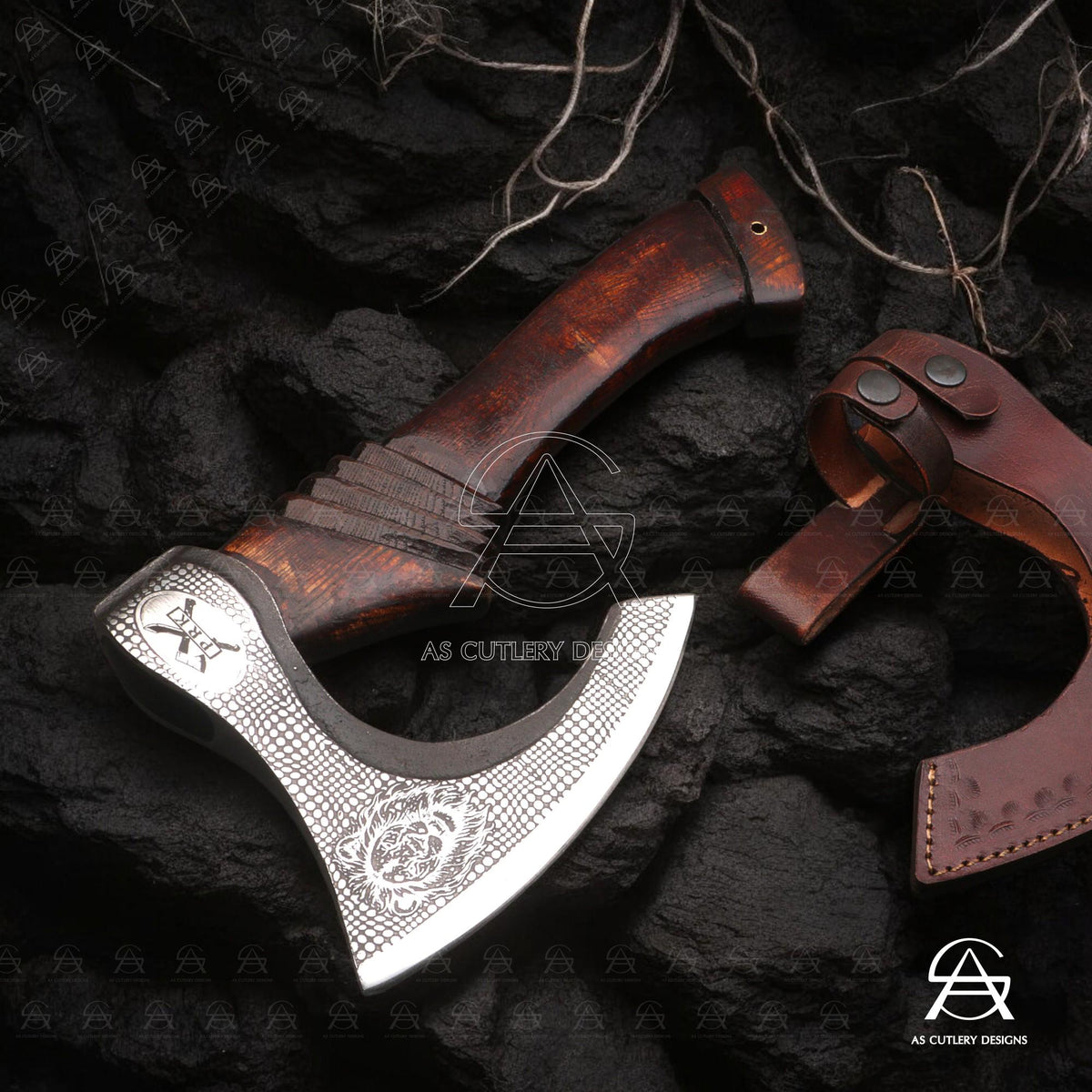 Hand-Forged Pizza Axe | 12" High Carbon Steel Blade | Carved Rosewood Handle with Leather Sheath