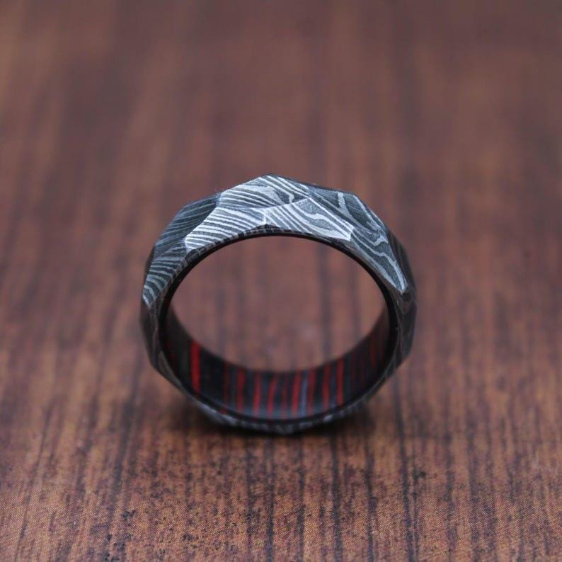 Damascus Whiskey Barrel Hammered Ring, Mens Damascus Steel Wood Wedding Band