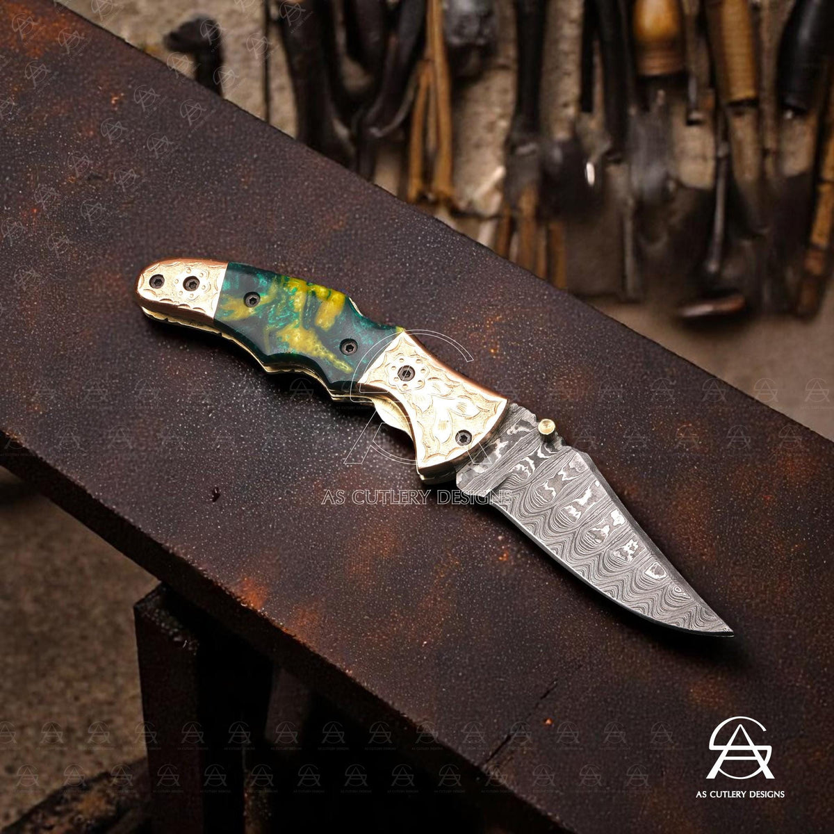 Hand Forged Damascus Steel Folding Knife  Epoxy Resin Handle with Hand-Engraved Copper Bolster Pommel