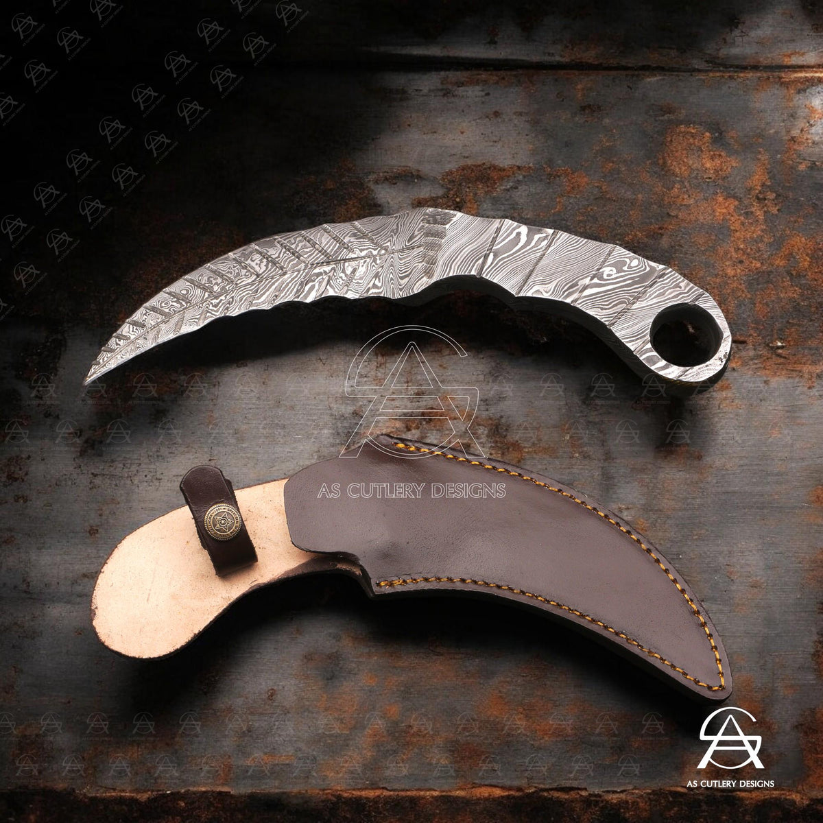 Hand-Forged Damascus Steel Karambit Hunting Knife | One-Piece Full Damascus Design with Finger Hole | Leather Sheath Included