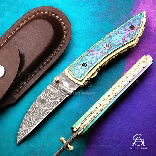 Hand Forged Damascus Steel Folding Knife  Brass Handle with Plasma Coating A Masterpiece of Craftsmanship