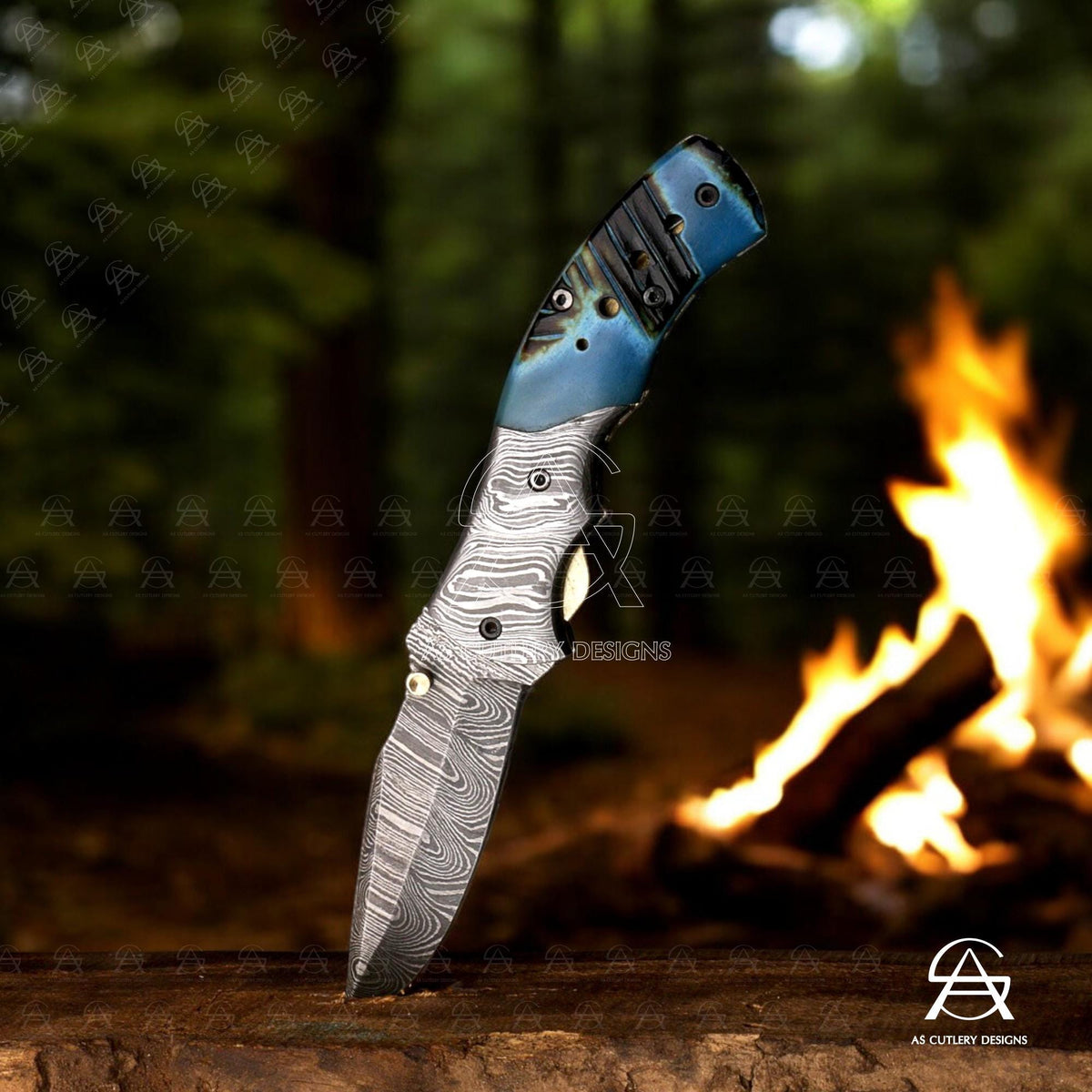 Hand-Forged Damascus Steel Folding Knife | Dyed Camel Bone Handle
