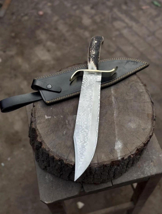 Handcrafted Damascus Steel Bowie Hunting Knife with Stag Horn Handle 17”