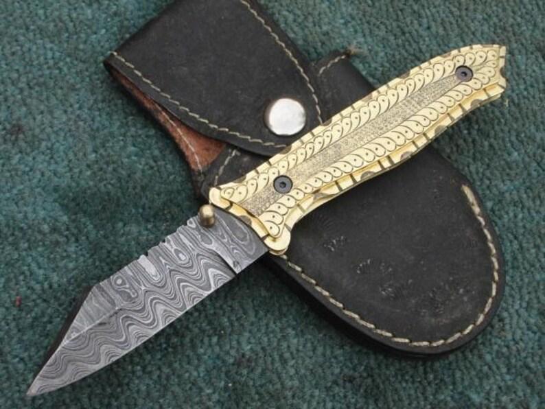 Handmade Damascus Folding Knife, Engraved Brass Handle, Leather Sheath