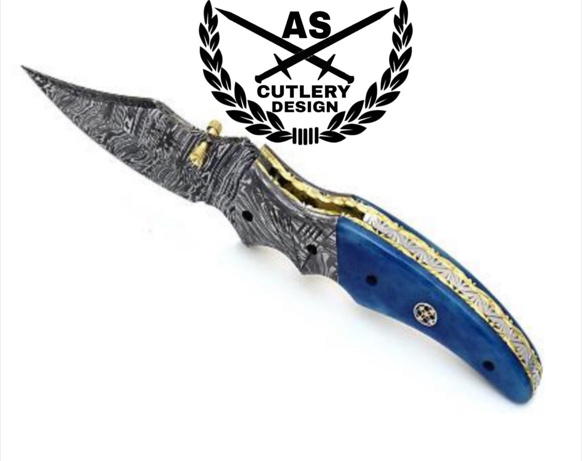Custom handmade damascus pocket knife with bone handle