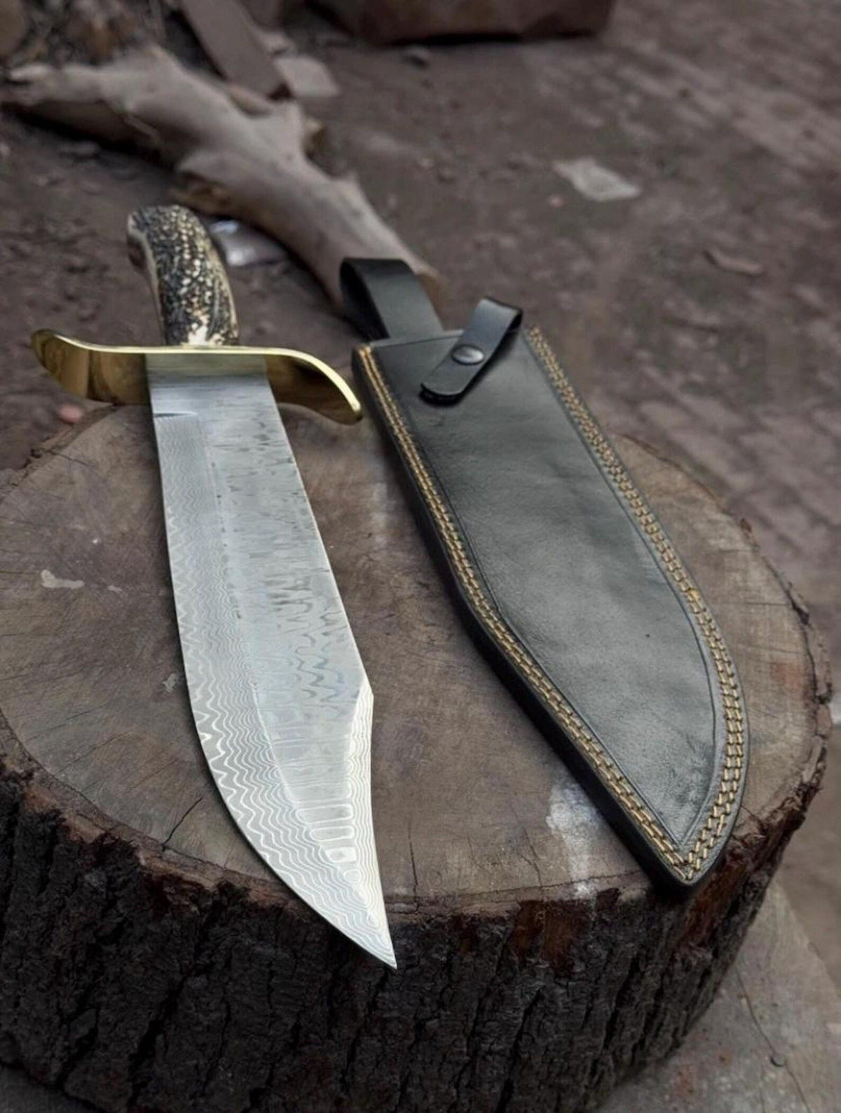 Handcrafted Damascus Steel Bowie Hunting Knife with Stag Horn Handle 17”