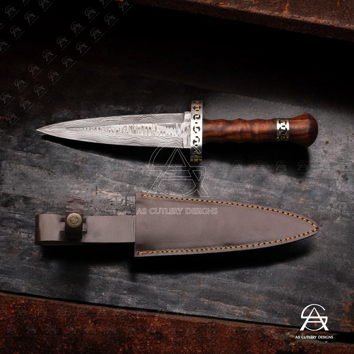 Hand-Forged Damascus Steel Dagger Knife | Rosewood Handle, Leather Sheath