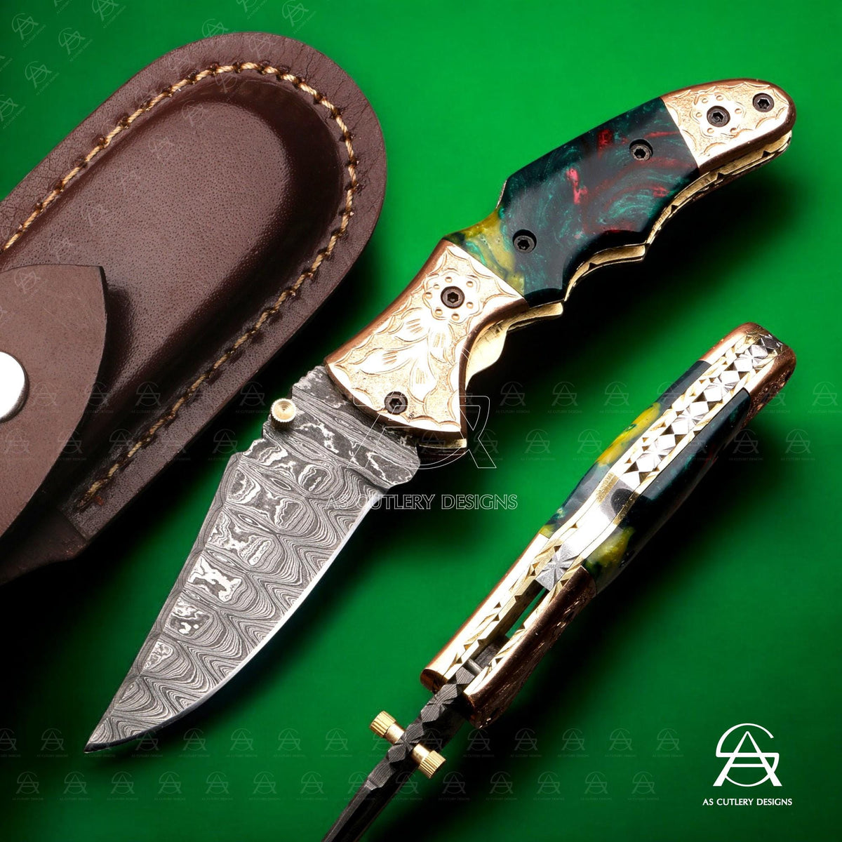 Hand Forged Damascus Steel Folding Knife  Epoxy Resin Handle with Hand-Engraved Copper Bolster Pommel
